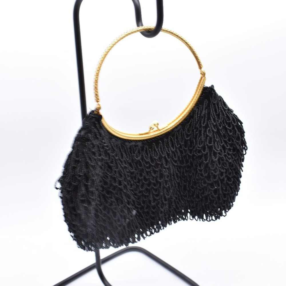 Vintage La Regale Gold Handle Black Beaded Purse